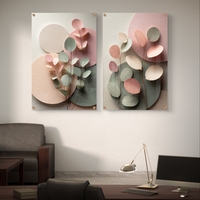 תמונת זכוכית זוגית בעיצוב עדין עם עלים וצורות פסטל בגווני ורוד וירוק