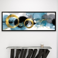 תמונת קנבס פנורמית מודרנית בגווני תכלת שחור וזהב עם מעגלים מוזהבים – תכשיט לבית