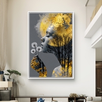 תמונת קנבס אומנותית של אישה עם נגיעות זהב, עצים ופרח, בעיצוב רגשי ומודרני