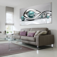 אינסוף כרום – תמונת זכוכית אבסטרקטית עם קימורי כסף וכדורי טורקיז | GP1391