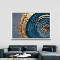 תמונת קנבס אבסטרקטית עם מעגלים בגווני כחול וזהב בהשראת חתך עץ