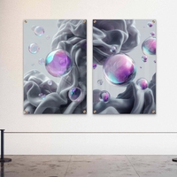 זוג תמונות זכוכית מעוצבות עם בועות שקופות בגווני סגול וטורקיז מעל רקע אפור רך בעיצוב מודרני ויוקרתי מבית תכשיט לבית – NEXTGEN BY BAR.