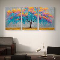 שלישיית תמונות זכוכית עם עץ צבעוני בגווני טורקיז, ורוד וכתום, בהדפסה חלקה ומבריקה לעיצוב קיר יוקרתי