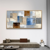 תמונת קנבס לסלון אבסטרקט גיאומטרי בגווני כחול, שמנת, אפור וקרמל, פורמט רוחבי