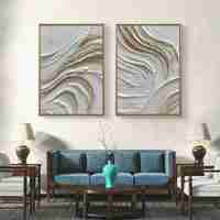 זוג תמונות קנבס גלים טקסטורליים בגווני שמנת ובז׳ – דגם TL8554