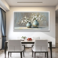 תמונת קנבס טבע דומם עם שני אגרטלים תכלת-ירקרק ופריחה לבנה על רקע אפור אלגנטי