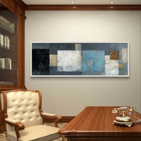 ריבועים שקטים – תמונת קנבס פנורמית אבסטרקטית בגווני כחול, לבן, אפור וזהב | CT4672