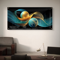 תמונת זכוכית לרוחב עם כדורים מוזהבים ותנועת גלים בגווני תכלת וזהב – תכשיט לבית