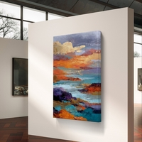 תמונת קנבס אבסטרקטית עם נגיעות זהב וגווני כחול וכתום, בהשראת ים ושקיעה בעיצוב מודרני