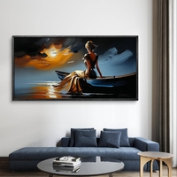 תמונת קנבס של אישה יושבת בסירה מול שקיעה זהובה, בהדפסה חלקה ללא תבליט, מקולקציית תכשיט לבית.