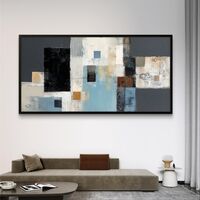 תמונת קנבס לרוחב בסגנון אבסטרקטי מודרני בגווני תכלת, אפור ובז’ בעיצוב נקי ויוקרתי לסלון