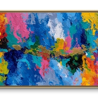 תמונת קנבס לרוחב עם ציור אבסטרקטי צבעוני בגווני כחול, ורוד וצהוב.
