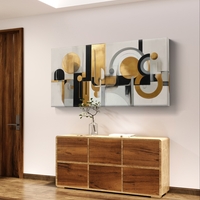 תמונת קנבס גאומטרית לרוחב בגווני שחור, לבן וזהב עם צורות מעוגלות וקווים מודרניים