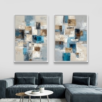 סט תמונות קנבס זוגיות בסגנון אבסטרקט גיאומטרי בגווני כחול, תכלת ובז׳ לעיצוב סלון מודרני