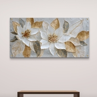 תמונת זכוכית לרוחב של שני פרחים בלבן וזהב בעיצוב אומנותי יוקרתי עם הדפסה חלקה ללא תבליט