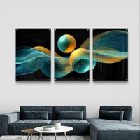 שלישיית תמונות זכוכית אבסטרקטיות עם גלים וכדורים בגווני טורקיז וזהב על רקע שחור