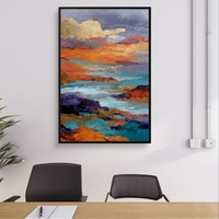 תמונת קנבס אבסטרקטית עם נגיעות זהב וגווני כחול וכתום, בהשראת ים ושקיעה בעיצוב מודרני