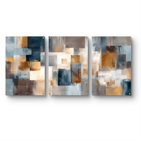 סט שלישייה של תמונות זכוכית אבסטרקטיות בגווני תכלת, שמנת וחום בעיצוב גאומטרי מודרני