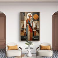 תמונת קנבס עם דמות נשית מופשטת בסגנון גאומטרי בגווני אדמה וכחול בעיצוב אלגנטי ומודרני