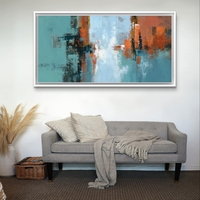 קנבס אורבני מודרני בגווני תכלת, טורקיז וכתום חלודה עם מריחות צבע אמנותיות