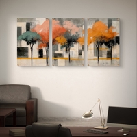 שלשת תמונות זכוכית עצים אבסטרקטיים בגווני כתום, אפרסק וטורקיז – דגם GG5473