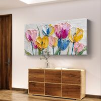 תמונת קנבס לרוחב עם פרחים צבעוניים בסגנון ציור אמנותי ועדין לעיצוב הבית