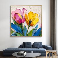 תמונת קנבס מרובעת עם פרחים ורודים וצהובים בסגנון אימפסטו על רקע בהיר