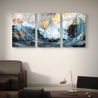 שלשת תמונות זכוכית גלים אבסטרקטיים בכחול, לבן וזהב – דגם GG5472