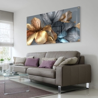 תמונת זכוכית רוחבית עם פרחים מטאליים בגווני זהב, נחושת וכסף – תכשיט לבית