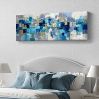 תמונת קנבס פנורמית מופשטת בגווני כחול וטורקיז עם נגיעות זהב – תכשיט לבית