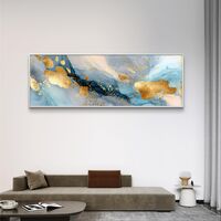 תמונת קנבס פנורמית בגווני כחול עם כתמי זהב בהדפסה חלקה – תכשיט לבית