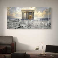 תמונת זכוכית קדושה של בית המקדש בירושלים עם אור שמימי ויונים בהדפסה חלקה