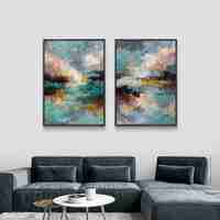 זוג תמונות קנבס מופשטות בגווני טורקיז, זהב ואפור, בהדפסה חלקה ואיכותית, מסדרת NEXTGEN של תכשיט לבית.