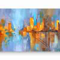 תמונת זכוכית פנורמית אבסטרקטית עם קו־רקיע עירוני והשתקפות במים בגווני כחול וזהב בעיצוב מודרני ויוקרתי