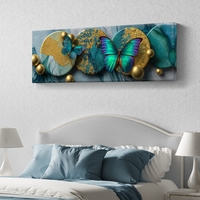 תמונת קנבס פנורמית עם פרפרים בגווני טורקיז וזהב בהדפסה חלקה – תכשיט לבית