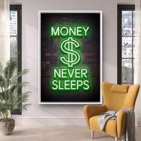 תמונת קנבס לאורך בעיצוב ניאון ירוק עם הכיתוב MONEY NEVER SLEEPS על רקע קיר לבנים