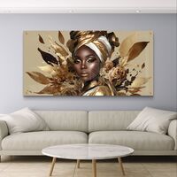 תמונת זכוכית לרוחב עם דיוקן נשי בגווני זהב ועיצוב יוקרתי