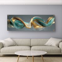 תמונת זכוכית פנורמית עם גל אבסטרקטי בגווני טורקיז וזהב בעיצוב מודרני ויוקרתי