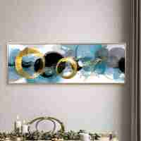 תמונת קנבס פנורמית מודרנית בגווני תכלת שחור וזהב עם מעגלים מוזהבים – תכשיט לבית