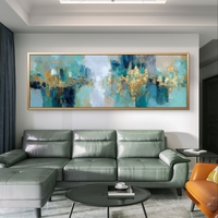 תמונת קנבס פנורמית בגווני טורקיז וכחול עם נגיעות זהב יוקרתיות.