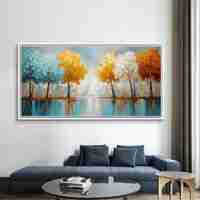 ציור מודרני של שלכת בגווני טורקיז, צהוב וכתום לקיר הסלון.