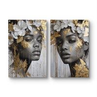 סט תמונות זכוכית זוגי עם פורטרט נשי אבסטרקטי בגווני שחור לבן ונגיעות זהב