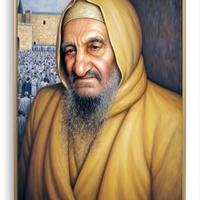 תמונת קנבס של הבבא סאלי לבוש בבגד זהוב, עם רקע של הכותל המערבי והמוני מתפללים, עיצוב רוחני מרגש לבית.