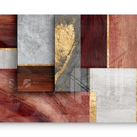 תמונת זכוכית לרוחב בעיצוב אבסטרקטי עם בלוקים גיאומטריים בגווני בורדו, חום, אפור ונגיעות זהב בהדפסה חלקה