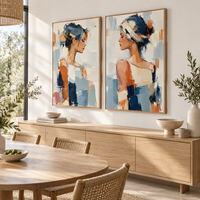 זוג תמונות קנבס נשים אלגנטיות באמנות מודרנית בגווני כחול וכתום | דגם TL8711