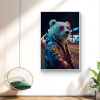 תמונת קנבס של דוב אורבני עם משקפי שמש סגולים וז’קט צבעוני על רקע עירוני בלילה