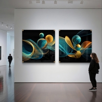 זוג תמונות זכוכית מרובעות בעיצוב אבסטרקטי עם קווים זורמים וכדורים בגווני טורקיז וזהב על רקע כהה.