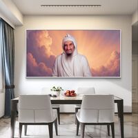 תמונת קנבס מרהיבה המציגה את הבבא סאלי בגלימה לבנה, מואר באור שמימי עם רקע של עננים בגוונים חמים של זהב וכתום.