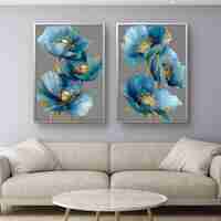 זוג תמונות קנבס פרחים כחולים עם נגיעות זהב – דגם TL8551