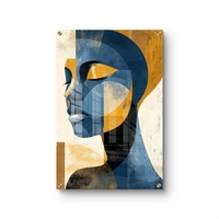 תמונת זכוכית מודרנית של פרופיל נשי מופשט בגווני כחול וזהב – תכשיט לבית